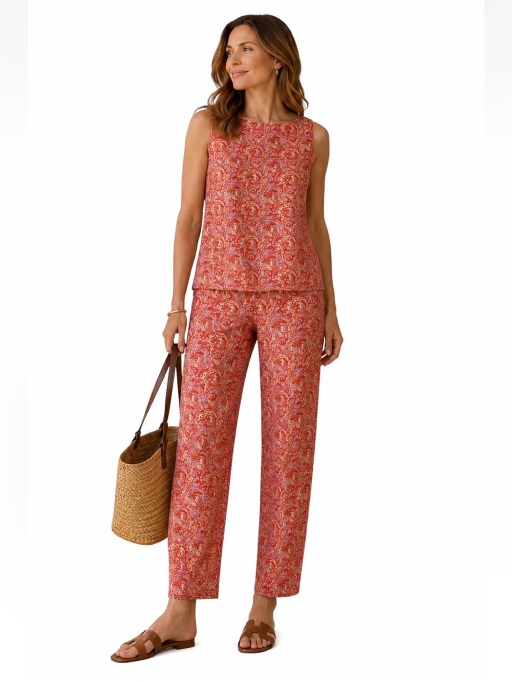 Evan Picone Coral & Beige Paisley 2 Piece Silk Jumpsuit Womens 8 Top & Pants